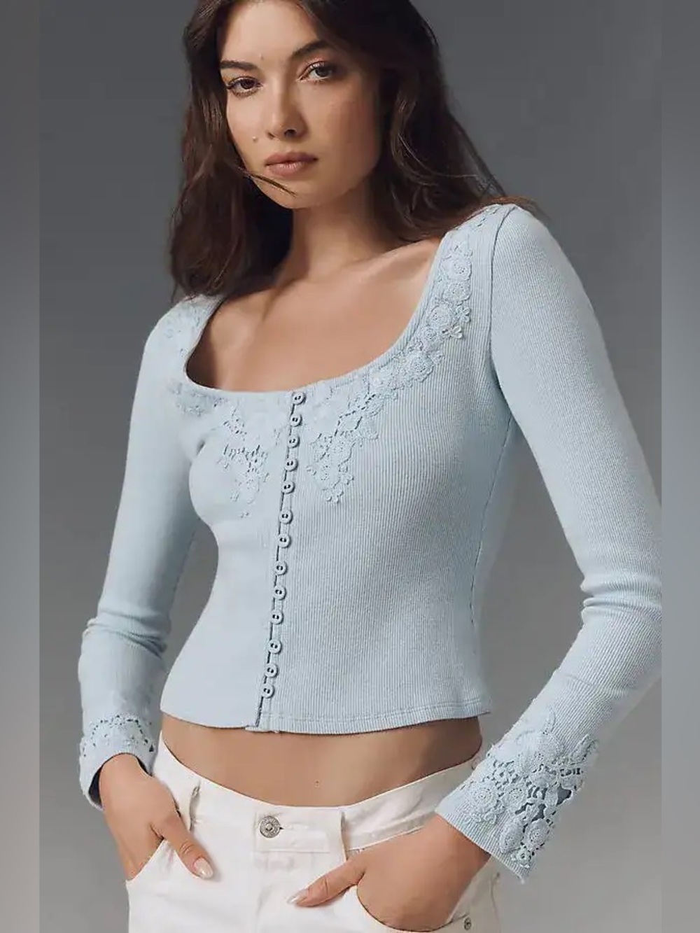 Anthropologie Light Blue Lace-Trim Scoop Neck Henley Top Medium Feminine Button